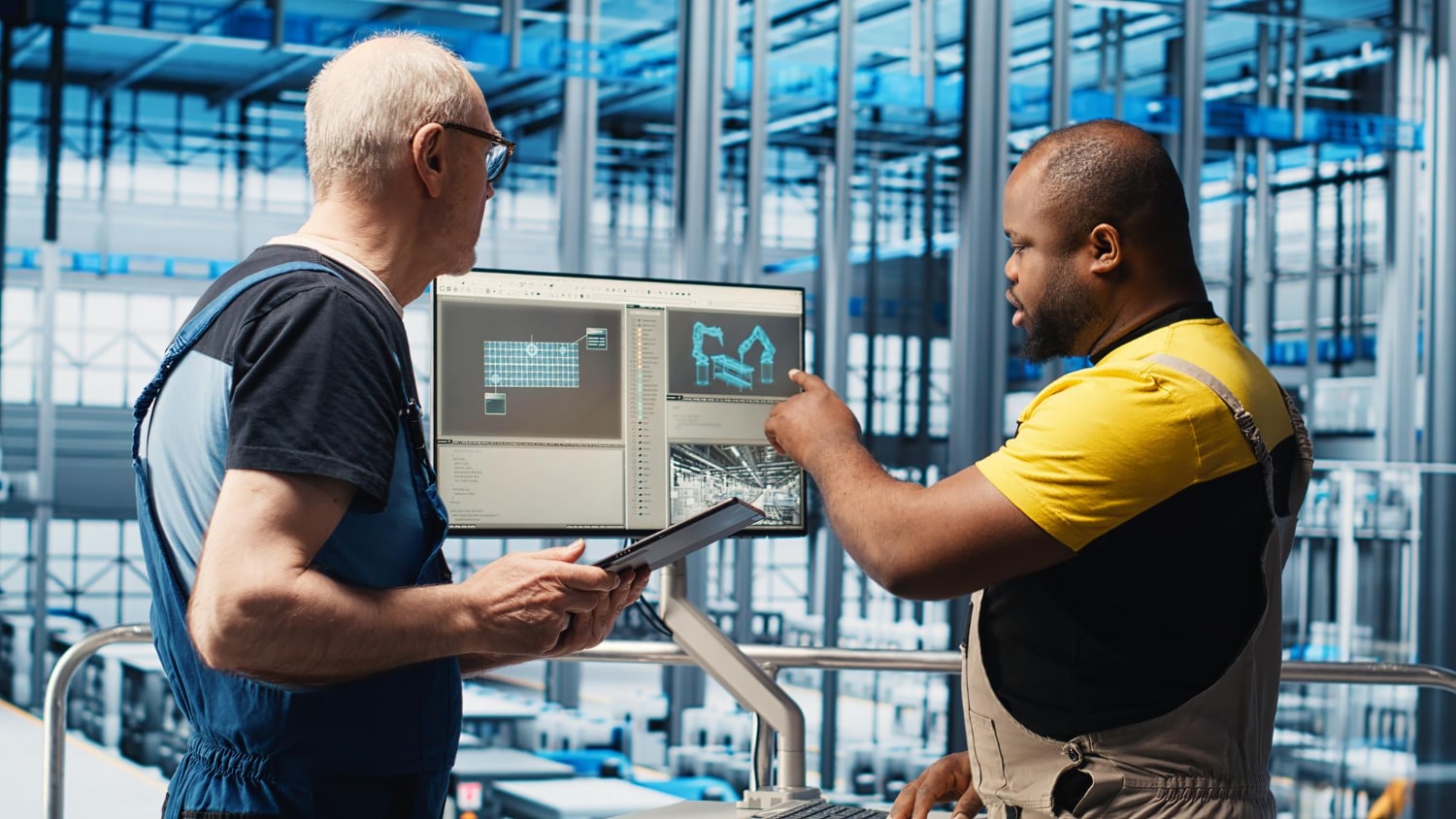 Two engineers reviewing vehicle telemetry on a shop-floor terminal