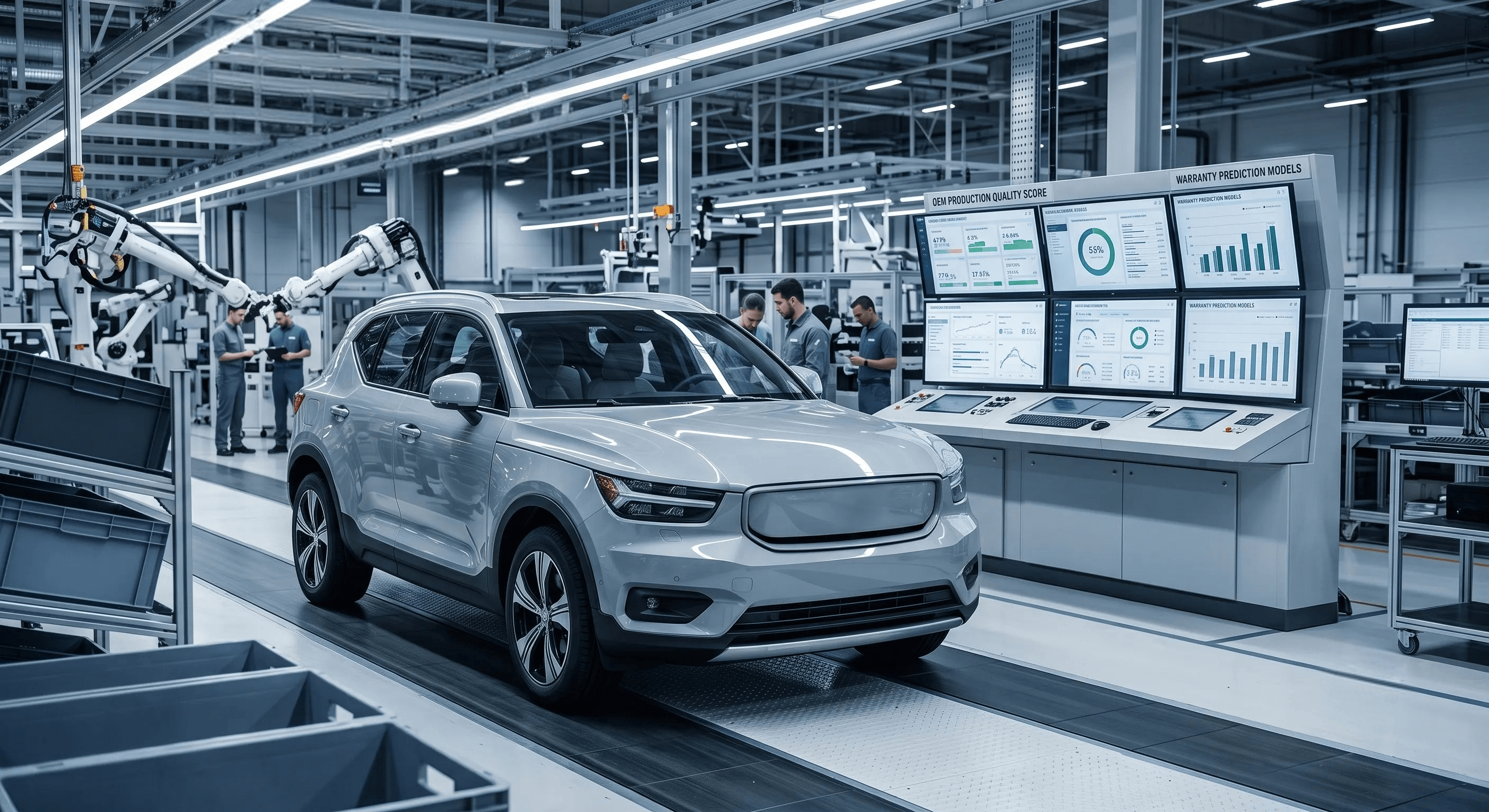 A vehicle on the assembly line beside live production-quality and warranty-prediction dashboards